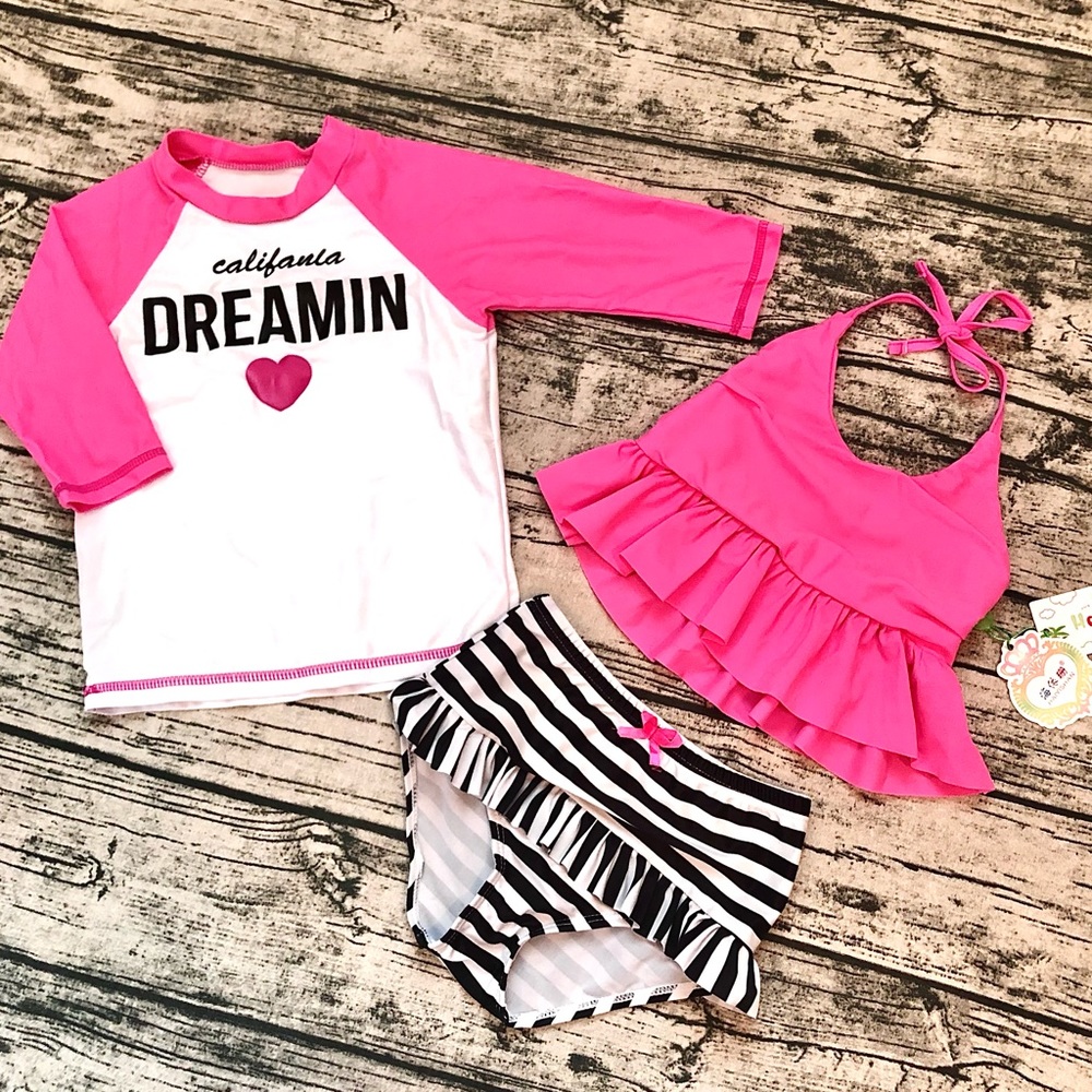 HP💘Super Cute Pink Girls 3 Pcs Bathing Suit_3-4T